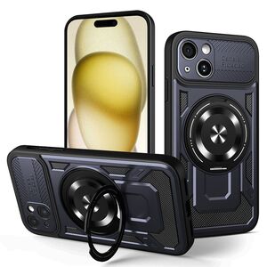 Husa pentru  iPhone 15 Plus TitanX HaloStand Pro cu Inel Pivotant Magnetic 360° & Kickstand, Textura Carbon, protectie lentile - Albastru