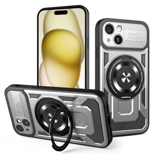 Husa pentru  iPhone 15 Plus TitanX HaloStand Pro cu Inel Pivotant Magnetic 360° & Kickstand, Textura Carbon, protectie lentile - Gri