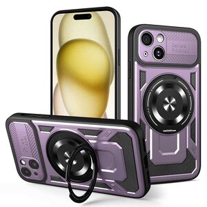 Husa pentru  iPhone 15 Plus TitanX HaloStand Pro cu Inel Pivotant Magnetic 360° & Kickstand, Textura Carbon, protectie lentile - Mov