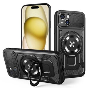 Husa pentru  iPhone 15 Plus TitanX HaloStand Pro cu Inel Pivotant Magnetic 360° & Kickstand, Textura Carbon, protectie lentile - Negru
