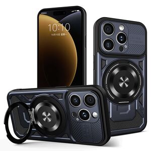 Husa pentru  iPhone 15 Pro Max TitanX HaloStand Pro cu Inel Pivotant Magnetic 360° & Kickstand, Textura Carbon, protectie lentile - Albastru