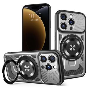 Husa pentru  iPhone 15 Pro Max TitanX HaloStand Pro cu Inel Pivotant Magnetic 360° & Kickstand, Textura Carbon, protectie lentile - Gri