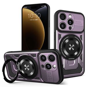 Husa pentru  iPhone 15 Pro Max TitanX HaloStand Pro cu Inel Pivotant Magnetic 360° & Kickstand, Textura Carbon, protectie lentile - Mov
