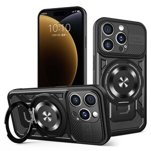 Husa pentru  iPhone 15 Pro Max TitanX HaloStand Pro cu Inel Pivotant Magnetic 360° & Kickstand, Textura Carbon, protectie lentile - Negru