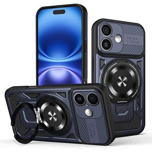 Husa pentru  iPhone 16 Plus TitanX HaloStand Pro cu Inel Pivotant Magnetic 360° & Kickstand, Textura Carbon, protectie lentile - Albastru