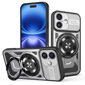 Husa pentru  iPhone 16 Plus TitanX HaloStand Pro cu Inel Pivotant Magnetic 360° & Kickstand, Textura Carbon, protectie lentile - Gri
