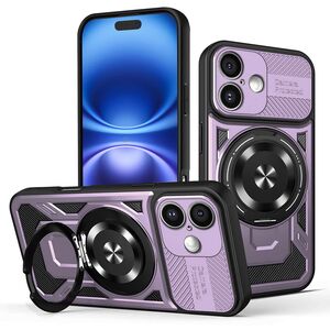 Husa pentru  iPhone 16 Plus TitanX HaloStand Pro cu Inel Pivotant Magnetic 360° & Kickstand, Textura Carbon, protectie lentile - Mov