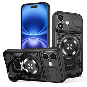 Husa pentru  iPhone 16 Plus TitanX HaloStand Pro cu Inel Pivotant Magnetic 360° & Kickstand, Textura Carbon, protectie lentile - Negru