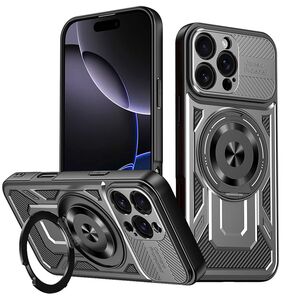 Husa pentru  iPhone 16 Pro Max TitanX HaloStand Pro cu Inel Pivotant Magnetic 360° & Kickstand, Textura Carbon, protectie lentile - Gri