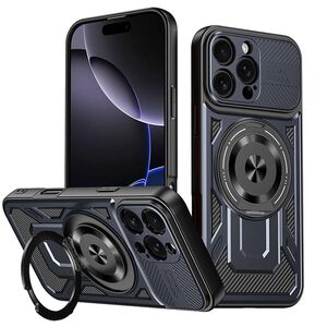 Husa pentru  iPhone 16 Pro Max TitanX HaloStand Pro cu Inel Pivotant Magnetic 360° & Kickstand, Textura Carbon, protectie lentile - Albastru