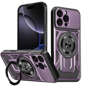 Husa pentru  iPhone 16 Pro Max TitanX HaloStand Pro cu Inel Pivotant Magnetic 360° & Kickstand, Textura Carbon, protectie lentile - Mov