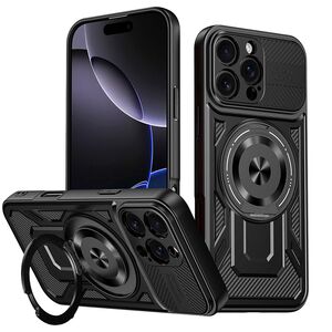 Husa pentru  iPhone 16 Pro Max TitanX HaloStand Pro cu Inel Pivotant Magnetic 360° & Kickstand, Textura Carbon, protectie lentile - Negru