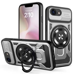 Husa pentru  iPhone 16e TitanX HaloStand Pro cu Inel Pivotant Magnetic 360° & Kickstand, Textura Carbon, protectie lentile - Alb