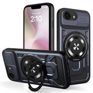 Husa pentru  iPhone 16e TitanX HaloStand Pro cu Inel Pivotant Magnetic 360° & Kickstand, Textura Carbon, protectie lentile - Albastru