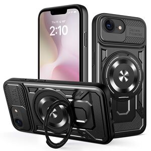 Husa pentru  iPhone 16e TitanX HaloStand Pro cu Inel Pivotant Magnetic 360° & Kickstand, Textura Carbon, protectie lentile - Negru