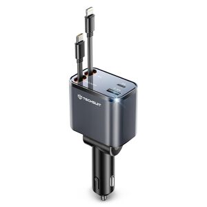 Incarcator pentru Masina USB, Type-C, Cabluri Retractabile USB-C, Lightning, USB 2.4A, PD30W, 69W, 180° - Techsuit NanoVoltX (C1) - Gri