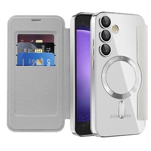 Husa pentru  Samsung Galaxy S23 FE EliteBook Executive Tip Carte cu Protectie RFID, Compatibilitate MagSafe si protectie lentile Transparent - Argintiu