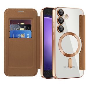 Husa pentru  Samsung Galaxy S23 FE EliteBook Executive Tip Carte cu Protectie RFID, Compatibilitate MagSafe si protectie lentile Transparent - Maro