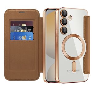 Husa pentru  Samsung Galaxy S24 FE EliteBook Executive Tip Carte cu Protectie RFID, Compatibilitate MagSafe si protectie lentile Transparent - Maro