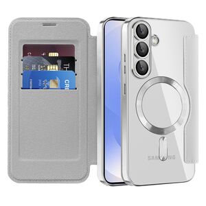 Husa pentru  Samsung Galaxy S25 EliteBook Executive Tip Carte cu Protectie RFID, Compatibilitate MagSafe si protectie lentile Transparent - Gri