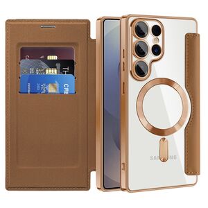 Husa pentru  Samsung Galaxy S25 Ultra MagFold Executive Tip Carte cu Protectie RFID, Compatibilitate MagSafe si protectie lentile transparent - Maro