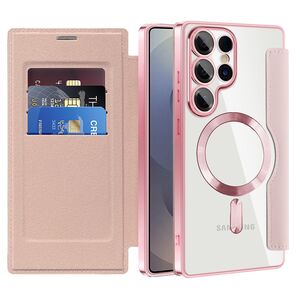 Husa pentru  Samsung Galaxy S25 Ultra MagFold Executive Tip Carte cu Protectie RFID, Compatibilitate MagSafe si protectie lentile transparent - Roz