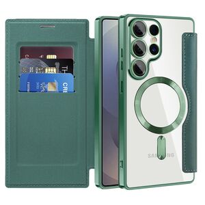 Husa pentru  Samsung Galaxy S25 Ultra MagFold Executive Tip Carte cu Protectie RFID, Compatibilitate MagSafe si protectie lentile transparent - Verde