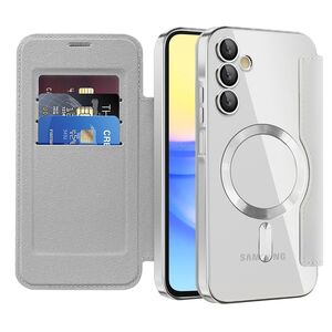 Husa pentru  Samsung Galaxy A15 EliteBook Executive Tip Carte cu Protectie RFID, Compatibilitate MagSafe si protectie lentile Transparent - Argintiu