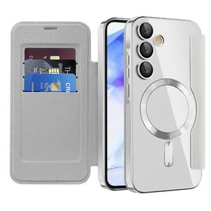 Husa pentru  Samsung Galaxy A55 EliteBook Executive Tip Carte cu Protectie RFID, Compatibilitate MagSafe si protectie lentile Transparent - Argintiu