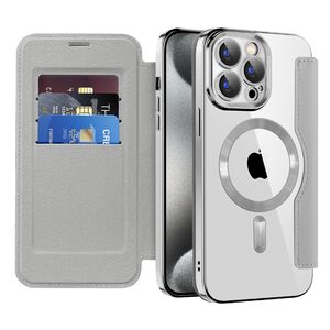 Husa pentru  iPhone 15 Pro EliteBook Executive Tip Carte cu Protectie RFID, Compatibilitate MagSafe si protectie lentile Transparent - Argintiu