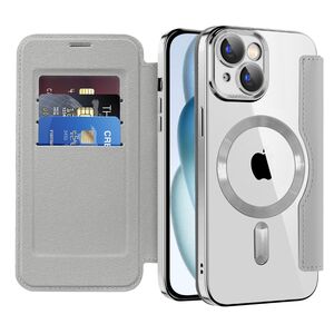 Husa pentru  iPhone 15 Plus EliteBook Executive Tip Carte cu Protectie RFID, Compatibilitate MagSafe si protectie lentile Transparent - Argintiu