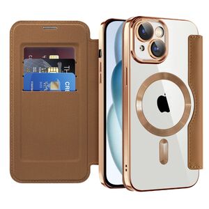 Husa pentru  iPhone 15 Plus EliteBook Executive Tip Carte cu Protectie RFID, Compatibilitate MagSafe si protectie lentile Transparent - Maro