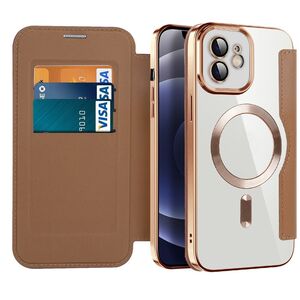 Husa pentru iPhone 12 EliteBook Executive Tip Carte cu Protectie RFID, Compatibilitate MagSafe si protectie lentile Transparent - Maro