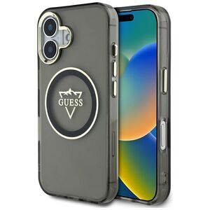 Husa pentru iPhone 16 - Guess IML Metal Mountain Logo MagSafe - Negru