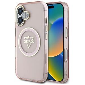 Husa pentru iPhone 16 - Guess IML Metal Mountain Logo MagSafe - Roz