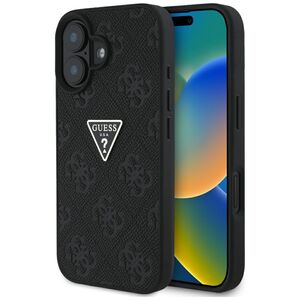 Husa pentru iPhone 16 - Guess Leather Hot Stamp 4G Pattern Triangle Metal Logo - Negru