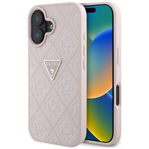 Husa pentru iPhone 16 - Guess Leather Hot Stamp 4G Pattern Triangle Metal Logo - Roz