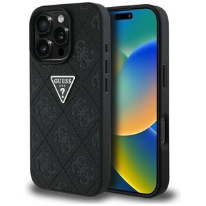 Husa pentru iPhone 16 Pro - Guess Leather Hot Stamp 4G Pattern Triangle Metal Logo - Negru