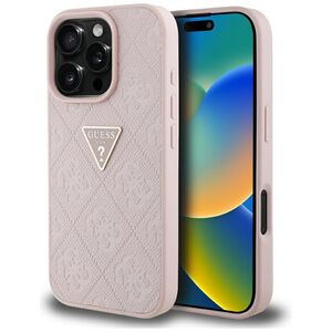 Husa pentru iPhone 16 Pro - Guess Leather Hot Stamp 4G Pattern Triangle Metal Logo - Roz