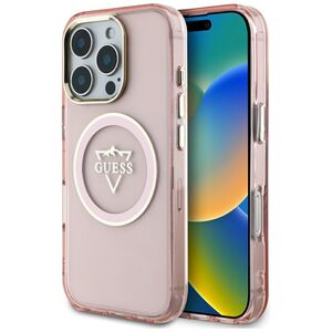 Husa pentru iPhone 16 Pro Max - Guess IML Metal Mountain Logo MagSafe - Roz