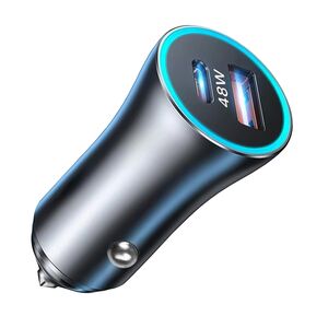 Incarcator Auto Fast Charge SafeCharge Dual port, 1 x USB-A QC18W + 1 x USB-C PD 30W, 5V / 3A, max 48W, cu Spargator Geam integrat - gri