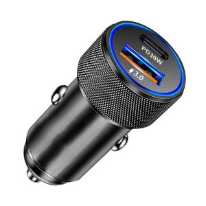 Incarcator Auto Rapid cu Design Metalic și Lumină LED DriveBoost - 1 x USB-C PD30W + 1 x USB-A QC3.0, Fast Charge, max 48W - negru