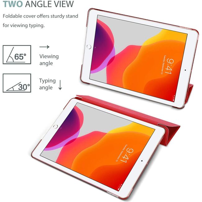 Pachet 360: Folie din sticla + Husa iPad 9/8/7 2021/2020/2019 10.2 inch Protect cu functie wake-up/sleep, rosu