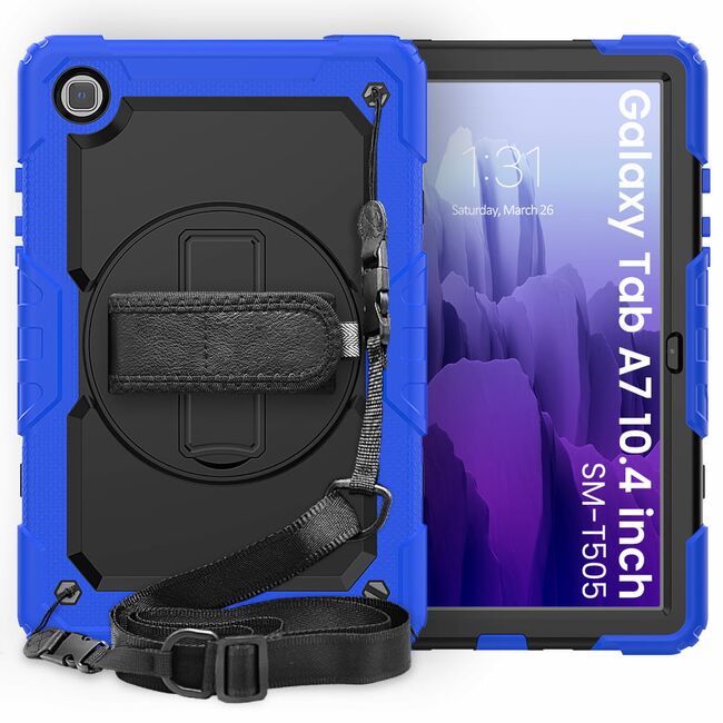 Pachet 360: Folie de protectie + Husa Shockproof Armor pentru Galaxy Tab A7 10.4 inch SM-T500/T505, negru-albastru