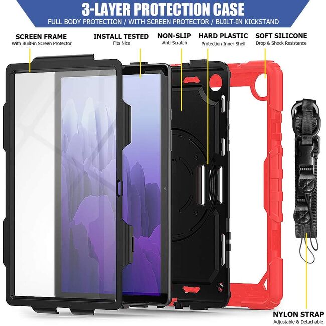 Pachet 360: Folie de protectie + Husa Shockproof Armor pentru Galaxy Tab A7 10.4 inch SM-T500/T505, negru-rosu