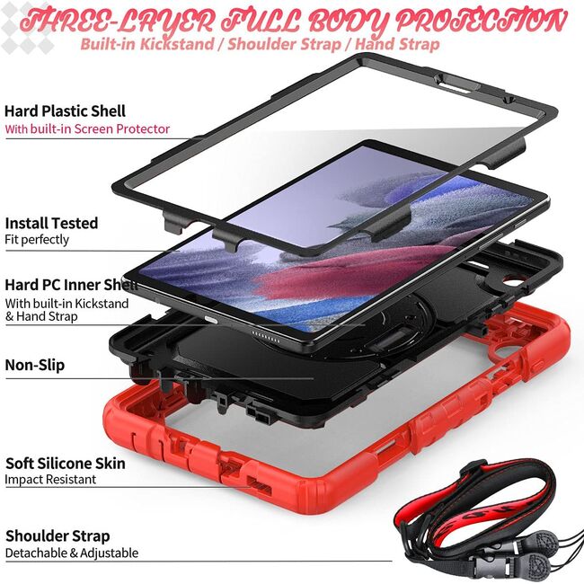 Pachet 360: Folie + Husa tableta Samsung Galaxy Tab A7 Lite 8.7 SM-T220/T225 Shockproof Armor, negru-rosu