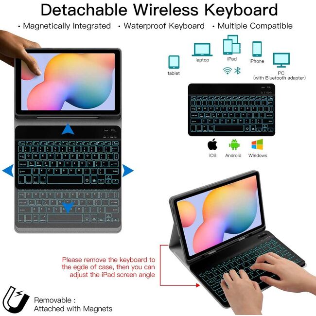 Husa cu tastatura iluminata pentru Samsung Galaxy Tab S6 Lite 10.4 inch P610/P615 cu suport S-Pen, negru