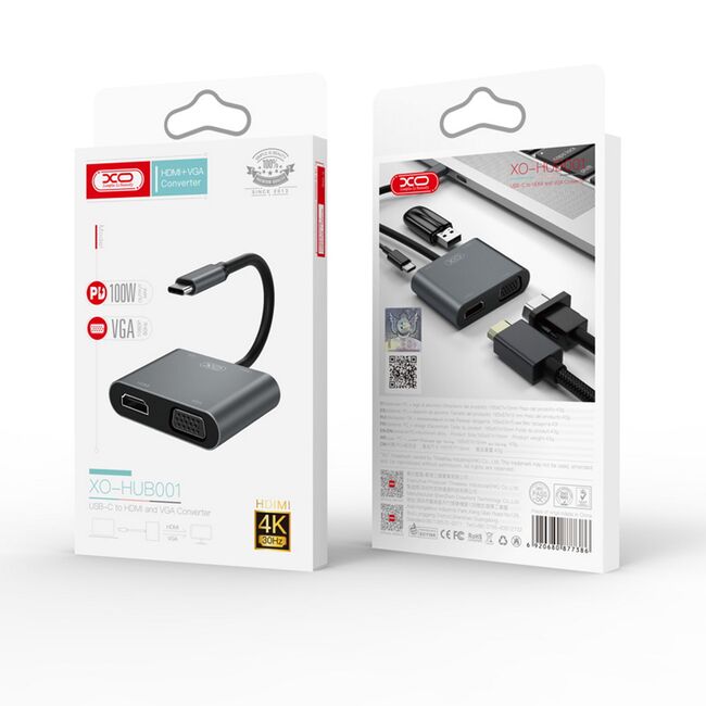 XO adaptor, convertor de la USB-C la HDMI, VGA, USB, PD 100W, negru-argintiu