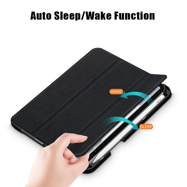 Husa iPad mini 6 2021 cu functie wake-up/sleep si suport Apple Pen, trifold, negru