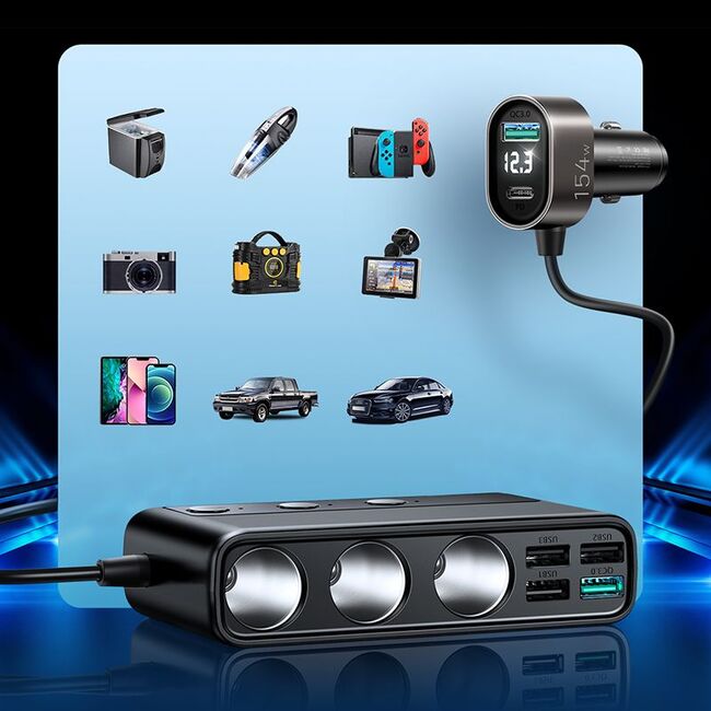 Incarcator Auto cu splitter 3 x bricheta auto Joyroom JR-CL06, 5 x USB, 1 x USB-C, AFISAJ LED, 154W, QUICK CHARGE 3.0, PD 20W, negru